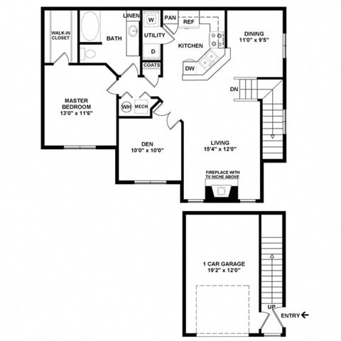 Floor plan for 1 bed, 1 bath, 1070 sqft